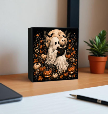 Halloween Ghost Read Book Wooden Box Decorative Sign 5x5 Inch - color: N