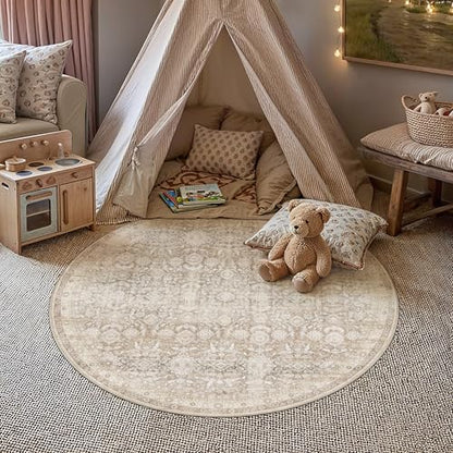 Beige 4R Area Rug Neutral Distressed Carpet - color: Accent | Beige, size: 4' (Round)
