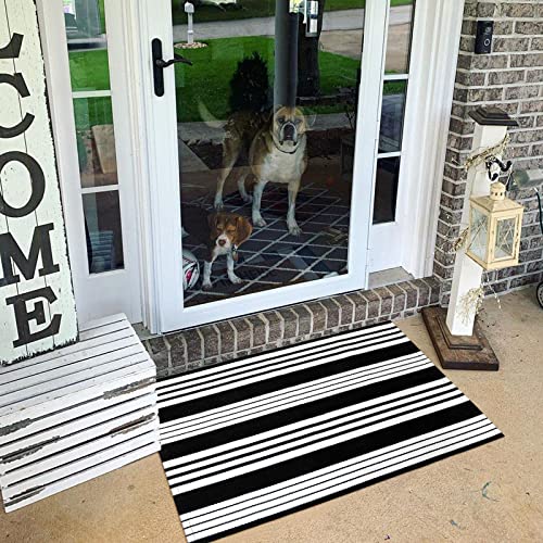 LEEVAN 2'X3' Black and White Striped Woven Cotton Reversible Outdoor Rug - color: Black Strip, size: 2' x 3'