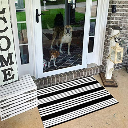 LEEVAN 2'X3' Black and White Striped Woven Cotton Reversible Outdoor Rug - color: Black Strip, size: 2' x 3'