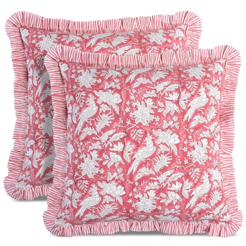 CPC Pink Coral Block Print Ruffle Pillow Cover 16x16 Inch, Pack of 2 - color: Pink Coral, size: 16" x 16" (Pack of 2)