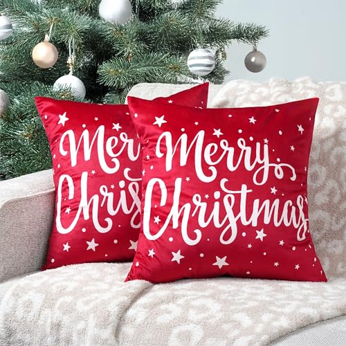 PAVILIA Christmas Red Holiday Decorative Throw Pillow Covers 18x18 Set of 2 - color: Merry Christmas Red, size: 18" x 18" (Pack of 2)