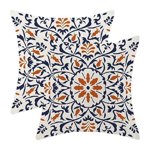 Navy Blue Orange Boho Pillow Covers 18x18 Set of 2, Bohemian Ethnic Carpet Pattern Design Decorative Throw Pillows Linen Blue Print Farmhouse Cushion Pillow Covers for Sofa Couch Outdoor Decor - color: Blue Orange, size: 18" x 18" (Pack of 2)