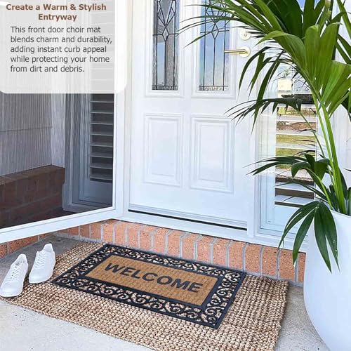 Gardenised Natural Coir and Non-Slip Rubber Doormat with Embossed Welcome Design Coconut Fiber Floor Mat for Front Door Porch Patio Entryway Garage Mudroom & Use 18x30, Warm Welcome