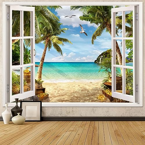 Leeisysme Beach Landscape Tapestry, Tropic Ocean Sea Island Palm Tree Seaside Tapestries for Living Room Summer Window Wall Hanging 44×60 Inch - color: Tree, size: 60"L x 44"W