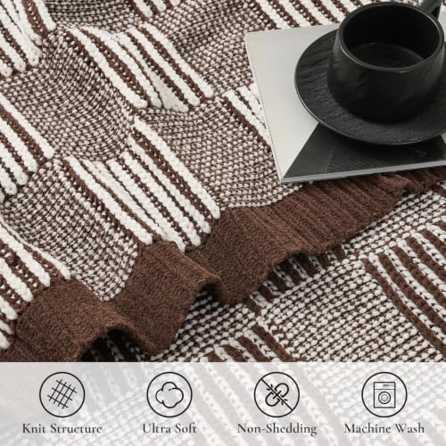 Amélie Home Checkered Knit Throw Blanket for Couch, Mocha Brown 50"x60" - color: Checkered Mocha Brown, size: 50" X 60"