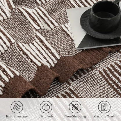 Amélie Home Checkered Knit Throw Blanket for Bed, Mocha Brown 60"x80" - color: Checkered Mocha Brown, size: 60" X 80"