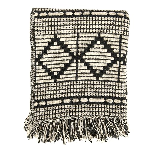Bloomingville Soft Reclaimed Cotton Blend Throw with Diamond Pattern and Fringe, Black and Beige - color: Black and Beige