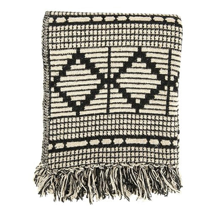 Bloomingville Soft Reclaimed Cotton Blend Throw with Diamond Pattern and Fringe, Black and Beige - color: Black and Beige