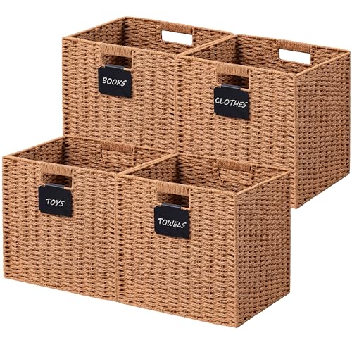 UBBCARE 4 Pack Wicker Basket, 12×12 Storage Cubes with Label, Foldable Cube Storage Bin with Handle, Square Storage Basket for Shelves, Woven Paper Rope Basket for Organizing, Caramel - color: Caramel, size: 4pack-12L×12H×11.2W