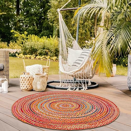 Hausattire Jute Cotton Braided Woven Rug 3 Feet Round - Multi Color - color: Multi Color, size: 3' (Round)