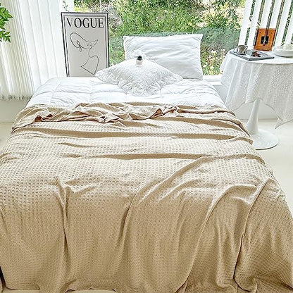 AmyHomie Cooling Waffle Blanket Queen Size, 100% Rayon Derived from Bamboo - color: Khaki, size: Queen (90"x90")