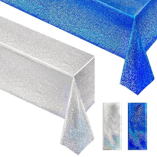 Royal Blue & Silver Holographic Party Tablecloth 40" x 108" Iridescence Plastic Table Cloth Blue White Table Covers for Graduation 4th of July Princess Birthday Winter Christmas Party Decoration - color: Dark Blue & Silver
