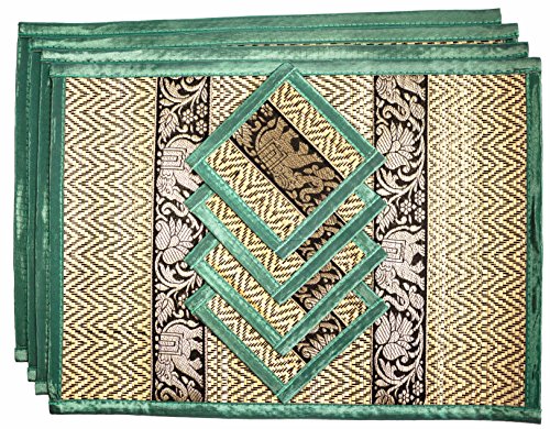 Hand-Woven Wicker Reed Placemats Coaster Set Eco-Friendly Alternative to Plastic Heat Resistant Thai Style Durable Easy to Clean for Dining Table Set of 4 (Medium, Teal Green) - color: Teal Green, size: Medium