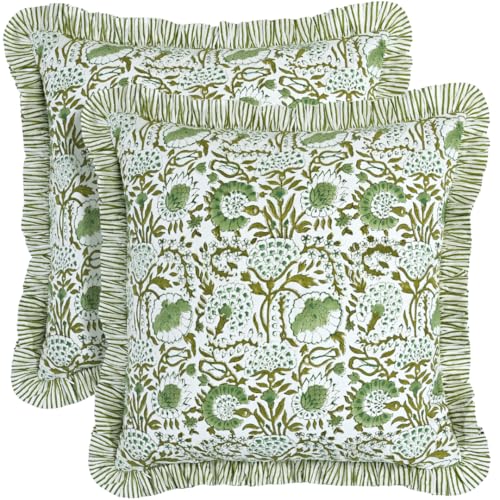 CPC Agate Green Block Print Ruffle Pillow Cover 18x18 Inch, Pack of 2 - color: Agate Green, size: 18" x 18" (Pack of 2)
