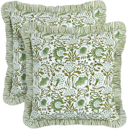 CPC Agate Green Block Print Ruffle Pillow Cover 18x18 Inch, Pack of 2 - color: Agate Green, size: 18" x 18" (Pack of 2)
