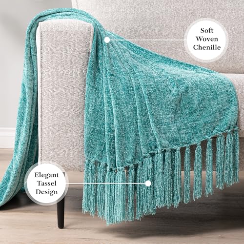 PAVILIA Chenille Throw Blanket, Knit Twin Size Tassel Throw, Teal 60x80 - color: Teal, size: 60 X 80 Inches - Twin