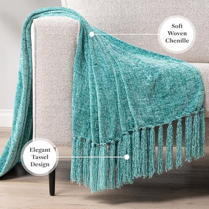 PAVILIA Chenille Throw Blanket, Knit Twin Size Tassel Throw, Teal 60x80 - color: Teal, size: 60 X 80 Inches - Twin