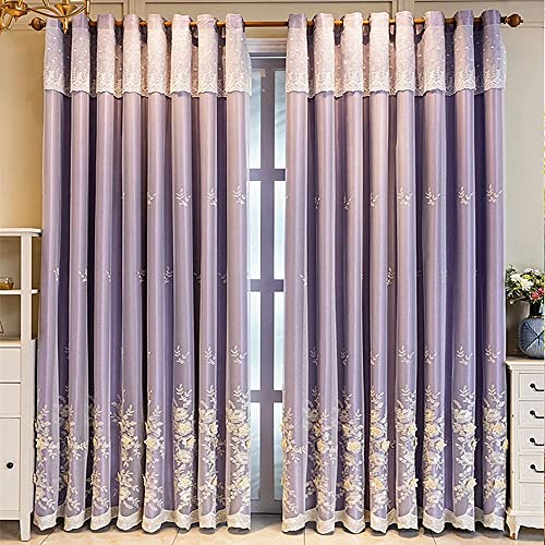 Amidoudou 1 Pair European 3D Flower Luxury Embroidered Curtains Double Layer Curtains with Valance for Living Room Bedroom (Purple,52x84 Inch) - color: Purple, size: 52"W x 84"L (Pack of 2)
