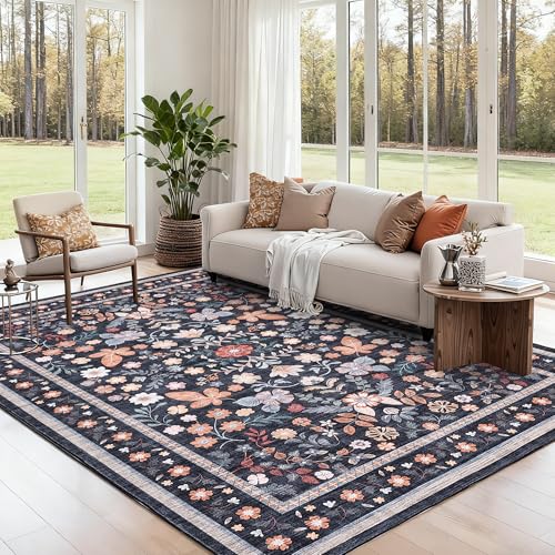 GarveeHome Area Rugs 9x12 Living Room Floral Machine Washable Black - color: Black, size: 9' x 12' (Rectangular)