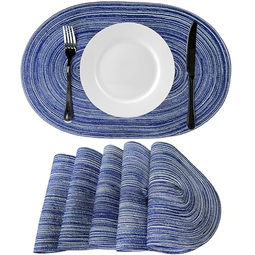 WAZAIGUR Oval Placemats Set of 6, Woven Braided, 18 x 12 Inch, Blue ＆ White - color: Blue and White, size: set of 6