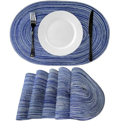 WAZAIGUR Oval Placemats Set of 6, Woven Braided, 18 x 12 Inch, Blue ＆ White - color: Blue and White, size: set of 6