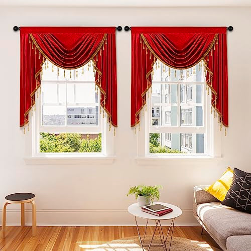 ELKCA Luxury Burgundy Red Velvet Curtain Valances for Living Room with Beads(39inch,1 Panel) - color: Burgundy Red, size: 39"W x 43"L (Pack of 1)