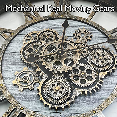 24" Large Wall Clock with Moving Gears,Oversize Vintage Industrial Rustic Farmhouse Clocks for Living Room Decor Office Home,Solid Wood HD Tempered Glass Cover,Silver Grey - color: Silver Grey, size: 60cm / 24 inch