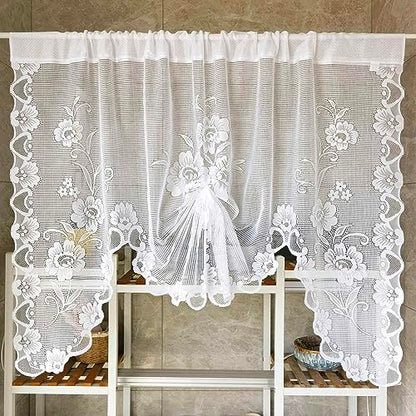 2pcs White Floral Embroidery Tie-up Sheer Lace Curtain Valance - color: White, size: 39"W x 39"L (Pack of 2)
