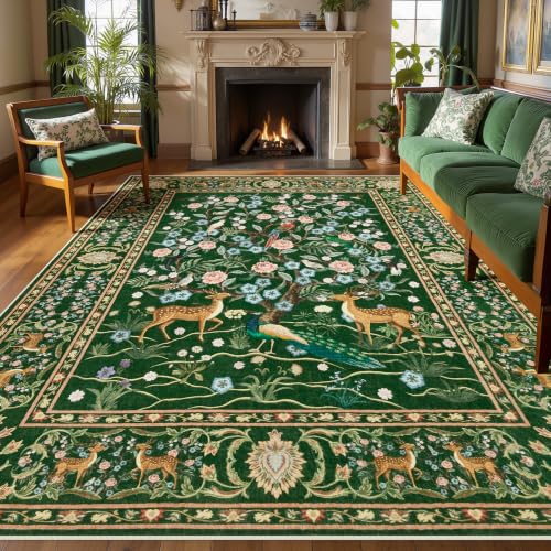 Joydeco Washable 6x9 Area Rugs for Bedroom, Green Boho Peacock Rug Carpet - color: Dark Green, size: 6' x 9' (Rectangular)