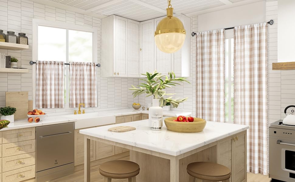 Taupe White Check Kitchen Tier Curtains for Basement Laundry 27x36 2pcs - color: Taupe and White, size: 24"W x 36"L (Pack of 2)