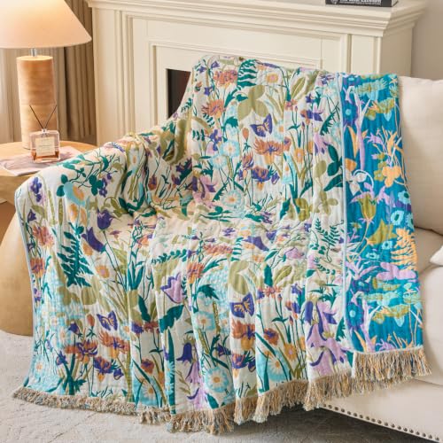 Boho Throw Blanket, 100% Soft Cotton Floral Quilt, Throw 50"x 60" - color: Wildflowers, size: Throw 50"x60"