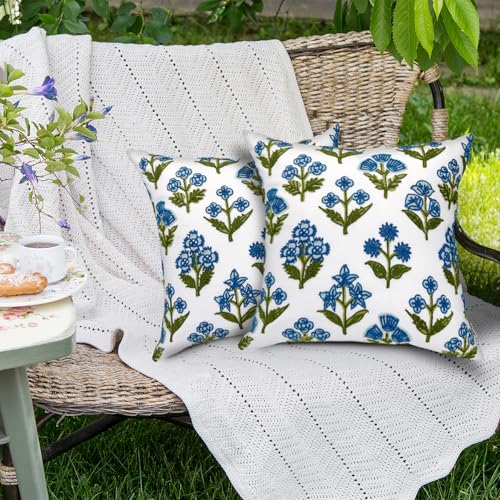 Alysheer Floral Block Embroidered Throw Pillow Cover 18"x18" Set of 2, Blue - color: Block Blue, size: 18" x 18" (Pack of 2)