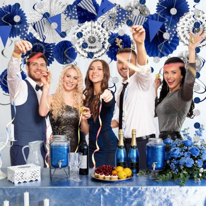 24 Pcs Blue Silver Party Decorations, Paper Fans Pom Poms Banner 8-16 in - color: Blue and Silver