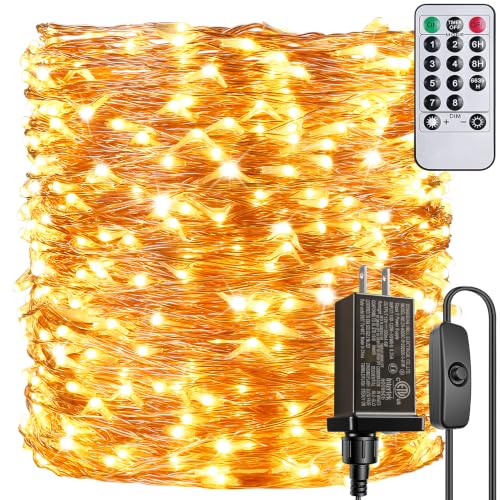 132 Feet 400 LEDs Copper Wire String Lights with Switch, Christmas Lights Indoor Decoration for Party Wedding Bedroom, Fairy Lights Plug in with Remote, 8 Scene Modes, Dimmable Warm White - size: 132 Feet