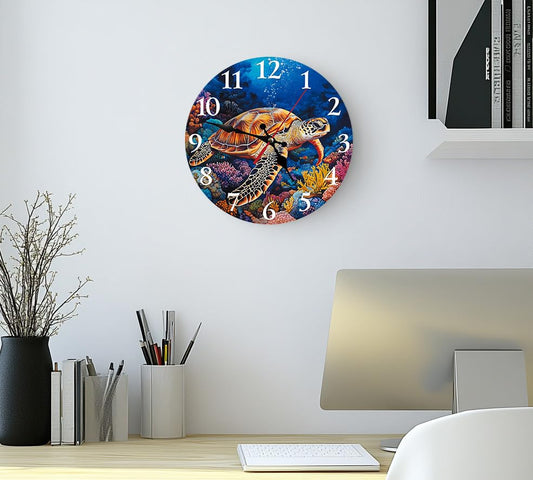 Sea Turtle Silent Non Ticking Wall Clock 12 Inch, Battery Operated, Under The Sea Round Wood Clock, Coastal Decorative Gift for Bathroom, Kitchen, Living Room, Bedroom, Nursery, Office - color: Sea Turtle