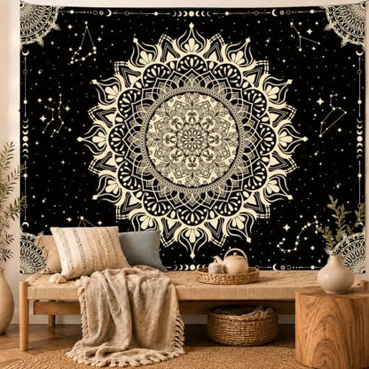 Apdidl Boho Mandala Tapestry for Bedroom, Black Hippie Ceiling Tapestries - color: Black Gold Mandala Tapestry, size: 60"L x 51"W