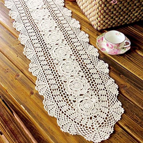 KEPSWET Cotton Handmade Crochet Lace Oval Table Runner Blue 12x36 Inch - color: Blue, size: 12"x36"