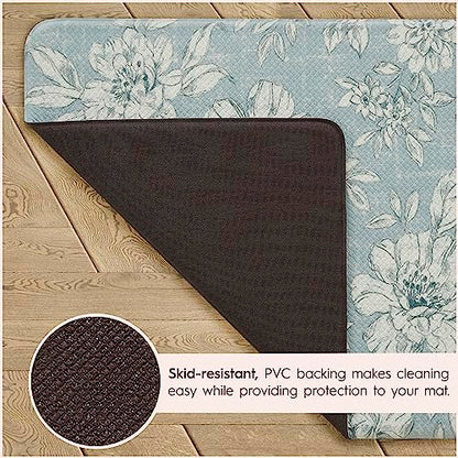 Laura Ashley - Anti-Fatigue Kitchen Mat, Iris Floral Design, Stain, Water & Fade Resistant, Cooking & Standing Relief, Non-Slip Backing, Measures 17.5" x 32", Light Blue Iris - color: Light Blue / Gray, size: 32"L x 17.5"W x 0.47"Th