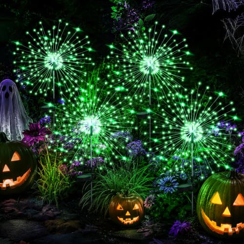 GIGALUMI 4 Pack Solar Firework Lights Outdoor, Halloween Decor, Green - color: Green, size: 4 PACK