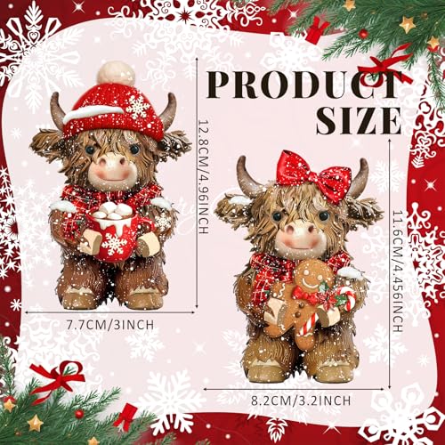 2 Pcs Christmas Highland Cow Figurines Decor, Christmas Cow Gifts - style: Christmas Snowflakes