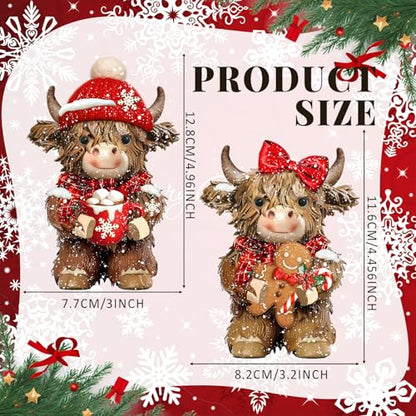 2 Pcs Christmas Highland Cow Figurines Decor, Christmas Cow Gifts - style: Christmas Snowflakes