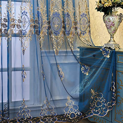 Amidoudou 1 Pair European Jacquard Sheer Curtains for Living Room Bedroom Luxury Embroidered Tulle Curtains (Blue,52x84 Inch) - color: Blue, size: 52"W x 84"L (Pack of 2)