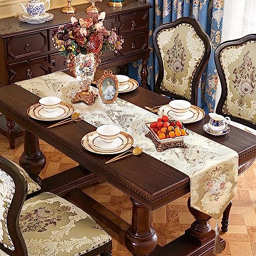 Luxury Damask Table Runner 72 Inches Long Beige Chenille Jacquard European - color: Beige, size: 13x72"