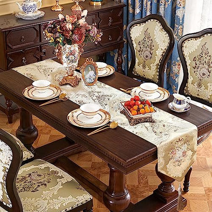 Luxury Damask Table Runner 72 Inches Long Beige Chenille Jacquard European - color: Beige, size: 13x72"