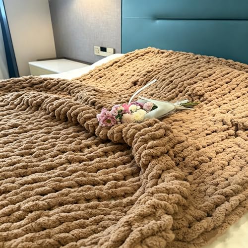 Soft Chunky Knit Throw Blanket for Couch, Cozy Warm Knitted Blankets - color: Light Brown, size: 40"x60"(Medium Size Throw)