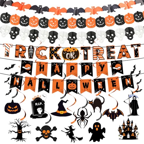 18 Pcs Halloween Party Decorations, Reusable Halloween Decor Indoor, Decorations Kit Included Happy Halloween Banner, Trick or Treat Banner, Ghost Pumpkin Ceiling Hanging Swirls Streamers