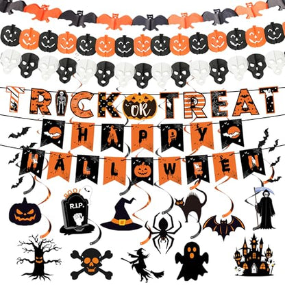 18 Pcs Halloween Party Decorations, Reusable Halloween Decor Indoor, Decorations Kit Included Happy Halloween Banner, Trick or Treat Banner, Ghost Pumpkin Ceiling Hanging Swirls Streamers