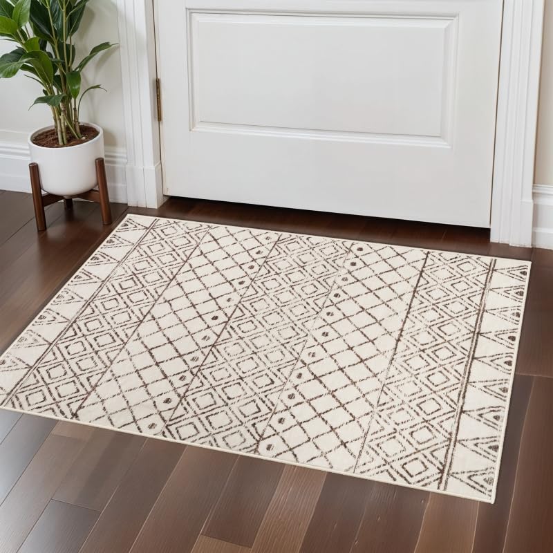 2x3 Small Rug Washable Rug: Moroccan Kitchen Low Pile Area Rugs Beige - color: Geo Beige, size: 2' x 3' (Rectangular)