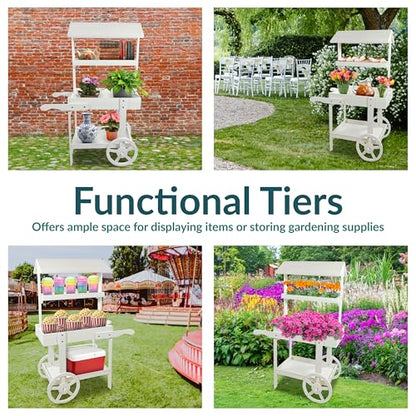 Sunnydaze Flower Cart Display Stand with Wheels, Fir Wood, 49” H, White - color: White